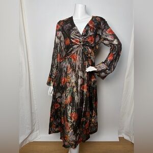 Anthropologie x Caballero Deep V-Neck Metallic Floral Midi Dress Size Medium